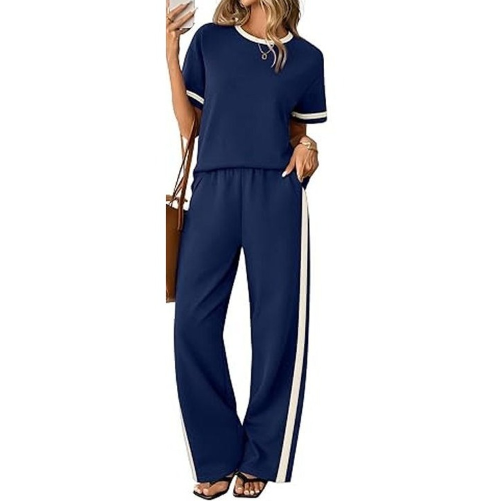 Sampeel Women's 2pc Short Sleeve Top & Pants Lounge Set - Navy Blue - XL